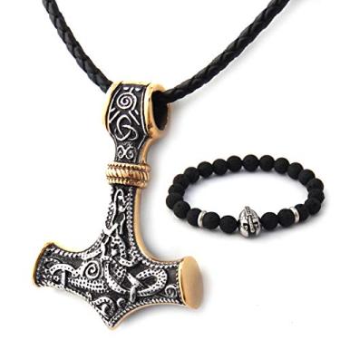 Imagem de Colar com pingente de martelo de dois tons da BaviPower Mjolnir Thor com corrente de couro genuíno de aço inoxidável Nórdico Escandinavo autêntico Vikings joia para homens e mulheres brinde Rune Ring