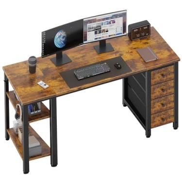 Imagem de Lufeiya Mesa de computador de 140 cm com 4 gavetas de tecido e prateleiras de armazenamento, mesa de estudo de trabalho de escrita para quarto de escritório em casa, escritório, mesa moderna e simples