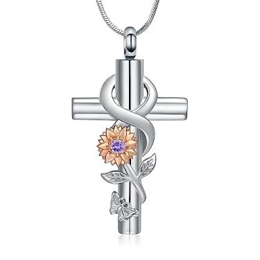 Imagem de Minicremation Colar de cinzas de cremação com cruz colar de pedra do mês de nascimento para mulheres colar de girassol memorial joia de lembrança de oração do senhor colar com pingente de cruz joias para mulheres, Aço inoxidável, Sem Pedra Preciosa