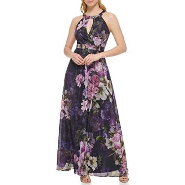 Imagem de Jessica Howard Vestido feminino curto floral de chiffon Lurex – Vestido maxi sem mangas para convidados de casamento, Azul marinho/multi, 50