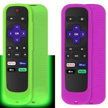 Imagem de Pinowu Capa para controle remoto universal (2 peças) compatível com controle remoto Roku Smart TV Steaming Stick/Roku Voice Remote/Roku Premiere/Roku 2/3/4 com alça de pulso (brilho verde e roxo não