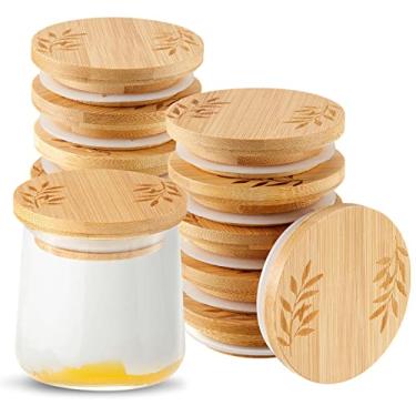 Imagem de Conjunto de 12 peças de tampas de pote de iogurte tampas de bambu compatíveis com frascos de iogurte Oui tampas redondas reutilizáveis para potes de iogurte com anéis de vedação de silicone para armazenamento de alimentos de iogurte