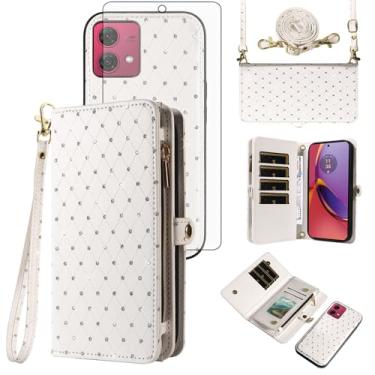 Imagem de Asuwish Capa de celular para Motorola Moto G84 5G carteira com zíper destacável com protetor de tela de vidro temperado alça transversal alça flip glitter porta-cartão slot G 84 2023 mulheres meninas
