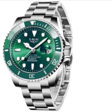 Imagem de Relógio Masculino Modelo 10045 à Prova D'água, Mostrador Verde, Pulseira em Aço Inoxidável.