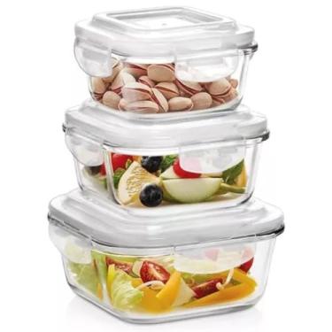 Imagem de Kit 3 Potes de Vidro Quadrado 320ml / 520ml / 800ml Tampa Hermetica Marmita fitness
