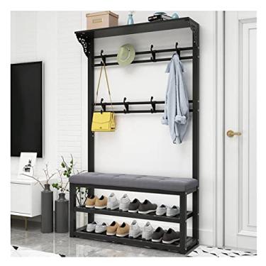 Imagem de Cabideiro, sapato, corredor, banco de armazenamento de árvores, design 3 em 1, organizador de armazenamento de entrada com banco de 2 níveis e armazenamento de sapatos, 2 fileiras de ganchos para
