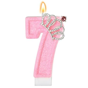 Imagem de Vela de aniversário rosa coroa número 7 velas para bolo, enfeite de bolo de aniversário rosa, decorações de cupcake, decoração de festa para meninas e mulheres, comemorações de aniversário,