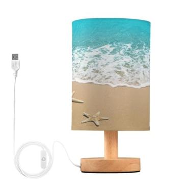 Imagem de YEGAME Abajur De Mesa De Cabeceira De Praia À Beira-Mar Para Mesa De Cabeceira De Quarto, Pequeno Abajur De Mesa Led Para Cuidados Com Os Olhos, Porta Usb, Base De Madeira, Abajur Redondo De Tecido
