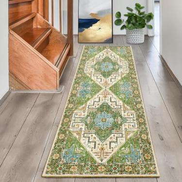Imagem de Arenarug Tapete de área lavável, boêmio, para quarto, 5 x 15 cm, estampa floral, antiderrapante, tapete de área envelhecido, verde