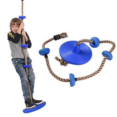 Imagem de M/P Corda de escalada infantil de 2 m com plataformas e assento de disco, balanço de árvore com 5 nós de plástico para moldura de escalada, para crianças com mais de 4 anos de suporte de 200 kg
