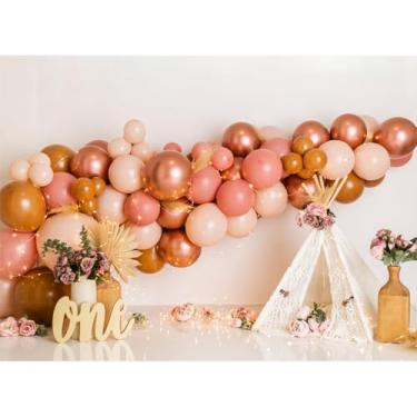 Imagem de Pano de fundo rosa boêmio de primeiro aniversário para meninas, balões boêmios, barraca, decoração de festa de 1º aniversário, decoração de bolo, pano de fundo (2,1 x 1,5 m)