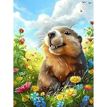 Imagem de HMDIIMGE Kits de arte de diamante de marmota de jardim DIY para adultos, kits de pintura de diamante de ponto cruz de cristal redondo completo para iniciantes, para decoração de quarto, decoração de