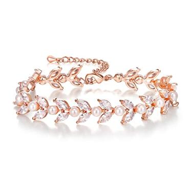 Imagem de Crysdue Pulseiras de casamento de pérolas sintéticas de zircônia cúbica para noivas e damas de honra, pulseira de elos elegantes marquesa para mulheres, festa de formatura, Zircônia cúbica, Zircônia cúbica