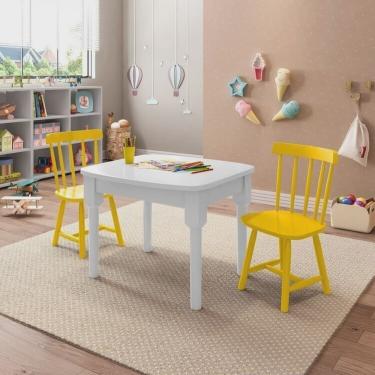 Imagem de Mesa Infantil com 2 cadeiras Mariah Madeira Maciça e Laca Casatema Branco/Amarelo