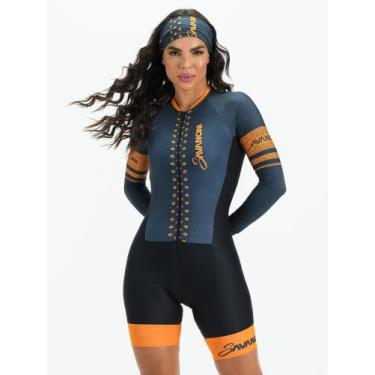 Imagem de Macaquinho Ciclismo Feminino - Forro em Gel - Manga Longa Cinza e Lara