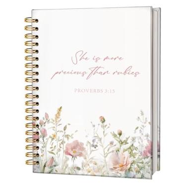 Imagem de FLVGE Diário de oração para mulheres, diário bíblico, provérbios das escrituras cristãs, caderno espiral 3:15 para notas de estudo de trabalho, caderno espiral de capa dura floral da Bíblia, 14 x 20