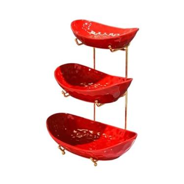 Imagem de Cesta de frutas para balcão de cozinha, tigelas de cerâmica multicamadas com suporte de metal, cesta de frutas em camadas vermelhas para frutas, legumes, lanches, nozes, conjunto de bandeja de servir