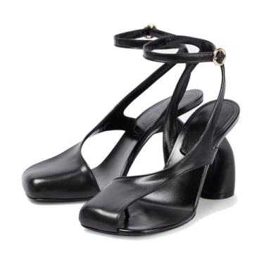 Imagem de Vertundy Sandálias Femininas De Salto Alto, Couro, Bico Quadrado, Com Tira Ajustável No Tornozelo, Fivela, Moda Festa, Pretas Alto