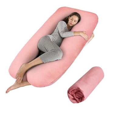 Imagem de Elyxen Capa de almofada para gravidez – Capa de almofada em forma de U – Capa de almofada para o corpo de maternidade – Capa de algodão macio removível para o máximo conforto (rosa)