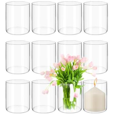 Imagem de Pacote com 12 vasos cilíndricos de vidro, vasos de flores transparentes de 10 cm de altura para centros de mesa, suporte de vela flutuante de furacão, decoração de casamento, vaso floral simples a