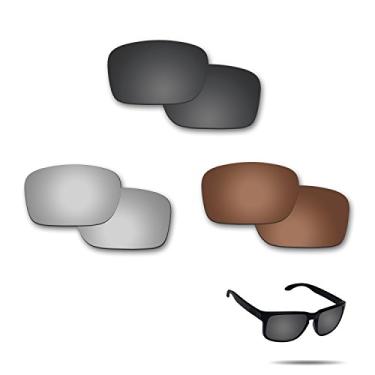 Imagem de Fiskr Lentes polarizadas de reposição para óculos de sol Oakley Holbrook (OO9102) com revestimento antiarranhões, água salgada e antipoeira (preto furtivo, prata metálico e marrom bronze)