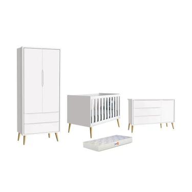 Imagem de Dormitório Theo 2 Portas, Cômoda Com Porta Branco Com Pés Madeira Natural E Colchão D18 Reller Móveis Branco