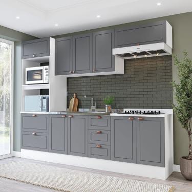 Imagem de Cozinha Pérola Com Rodapé 5 Peças Torre Quente Aéreo 3 Portas Balcão 120 Balcão 80 E Basculante Yesc Branco/cinza