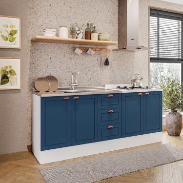 Imagem de Cozinha Pérola Com Rodapé 2 Peças Balcão 2 Gavetas 3 Portas E Balcão 2 Portas Yescasa Branco/azul