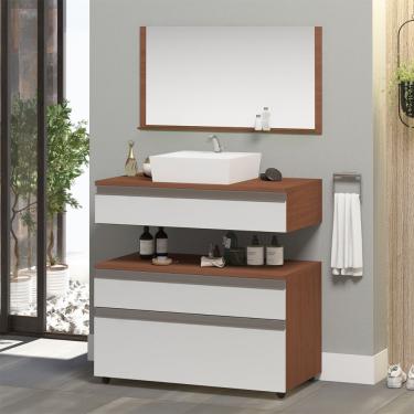 Imagem de Gabinete Banheiro Superior E Inferior Com Rodízios 3 Gavetas 80cm Safira - Branco - Branco