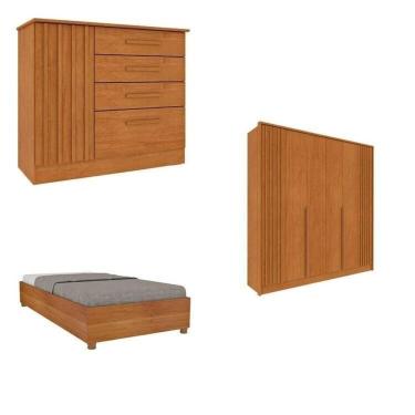 Imagem de Quarto Solteiro Guarda-roupa Ripado Nova York, Cama Solteiro Mônaco, Cômoda 4 Gavetas Nova York Cinamomo