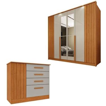 Imagem de Conjunto Para Quarto 1 Guarda Roupa 6 Portas Com Espelho 1 Cômoda Ripado Nova York Espresso Móveis Cinamomo-off White