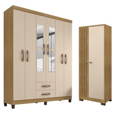 Imagem de Guarda Roupa Casal Modena Com Espelho 6 Portas E Armário Multiuso Versatile Carvalho Americano Off White - Incorplac