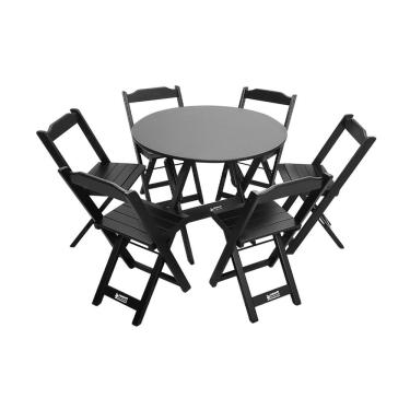 Imagem de Mesa Dobrável De Madeira Redonda 90cm Com 6 Cadeiras Preta - Tarimatã
