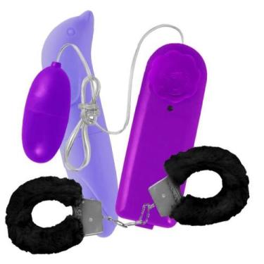 Imagem de Kit Vibrador Feminino Golfinho Bullet Cápsula E Algemas De Pelúcia - S