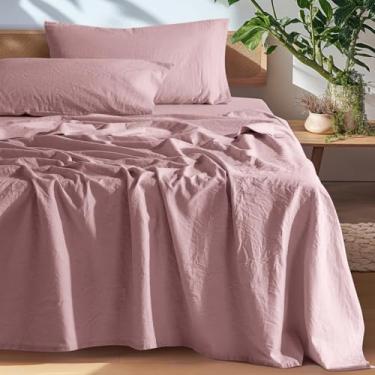 Imagem de SONORO KATE Lençóis de linho puro 100% francês, lençóis de tamanho casal de linho respirável e durável, lavável na máquina, bolso profundo de 40 cm - 4 peças (roxo bordado, casal)