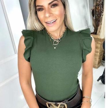 Imagem de Blusa feminina manga curta babado com elastano malha canelada - Filó M