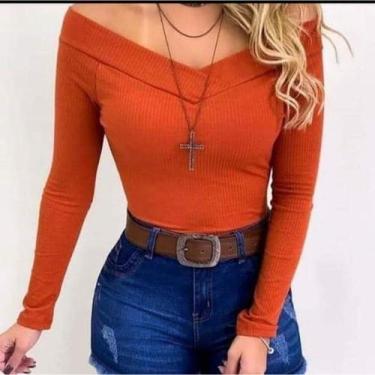 Imagem de blusa feminina decote ombro a ombro com bojo manga longa malha canelad