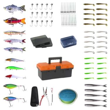 Imagem de NXQOSMEX Kit de iscas de robalo – 78 peças, isca dura, isca macia, peixinho, isca de superfície, caixa de equipamentos de pesca, alicate de gancho, linha PE de 8 tranças, linha líder, gancho de cabeça