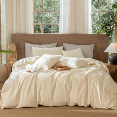 Imagem de MooMee Conjunto de capa de edredom listrado ondulado, 100% algodão lavado, linho, texturizado, respirável, durável, macio e confortável (branco creme, solteiro 172 x 228 cm)