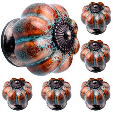 Imagem de OLAYA Puxadores de gaveta vintage abóbora de cerâmica pacote com 12 puxadores de gaveta puxadores de armário puxadores de cerâmica puxadores de abóbora retrô e elegantes puxadores de gaveta de armário