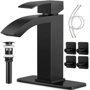 Imagem de Torneira de pia de banheiro preta fosca com 3 furos, torneira de pia de vaso de vaidade de cachoeira de aço inoxidável de manípulo único, com ralo pop-up e ganchos de toalha