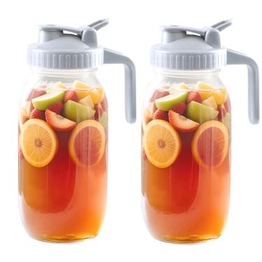 Imagem de Jarra de vidro com tampa 1,8 l de boca larga para chá solar, 1,8 litro de água fria e quente, jarro de café de 2 litros para geladeira, limonada, bebida, leite, recipiente de suco, conjunto com 2
