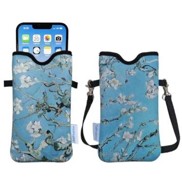 Imagem de Tainada Bolsa de neoprene masculina e feminina com alça transversal/cordão de pescoço para iPhone 16/15/14 Pro Max, 16/15/14 Plus, Samsung S25, A55, Google Pixel 9 (flores de amêndoa Van Gogh)