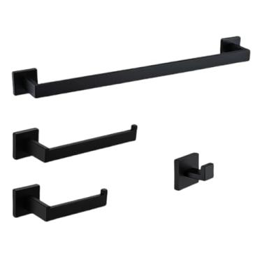 Imagem de Conjunto de acessórios para banheiro preto fosco com prateleira de parede, suporte para rolo de papel higiênico, gancho para roupão, toalheiro, barra de suporte, anel - Hardware completo para ban