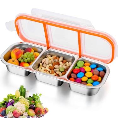 Imagem de AIERSA 2 recipientes de lanche de aço inoxidável com tampas, recipientes de lanche de metal, 3 compartimentos para alimentos, recipiente reutilizável para lanche de aço inoxidável