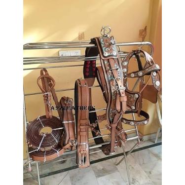 Imagem de Leather Ride Peitoral de couro para carrinho de cavalo único com freio, rédeas, vestígios, almofada de peito, almofada de pescoço, Crupper e Breeching (-Shetland marrom)