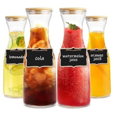 Imagem de Conjunto de 4 garrafas circulares de vidro, jarra de 1 litro para servir bebidas com tampa de bambu, garrafas de água, jarras de vidro transparente para Mimosa, leite, suco, limonada (4 garrafas)