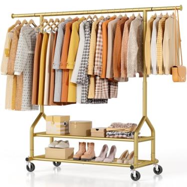 Imagem de EAGMAK Suporte de roupas pesado, 252 kg, suporte para roupas com prateleiras, cabide de metal ajustável em altura com rodas, organizador de guarda-roupa portátil, haste para pendurar roupas (ouro)