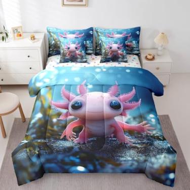 Imagem de Erosebridal Conjunto de cama com desenho animado axolotl, 7 peças, conjunto de edredom de axolote 3D natural, decoração de princesa rosa para quarto, cama em uma bolsa, conjunto de cama casal com
