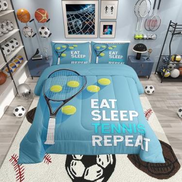 Imagem de Jogo de cama solteiro com tema de tênis, competição esportiva, para decoração de quarto de crianças, adolescentes, raquete de tênis, edredom moderno, esportes, bola, jogos, 2 peças